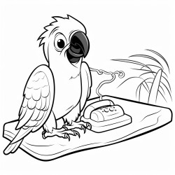a parrot talking on the telephone sitting on a flying carpet