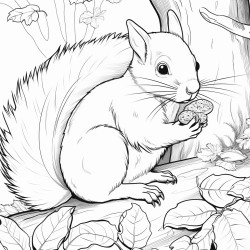 a closeup scene of a fluffy squirrel gathering nuts under a large oak tree with leaves drifting down