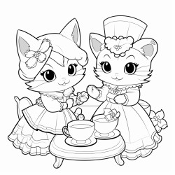 cat tea party wearing pretty dresses and sun bonnets