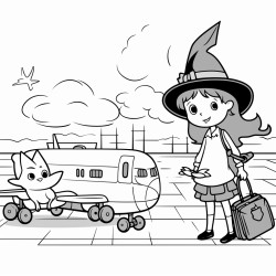 can you please create a colouring in with a witch and bats at the airport