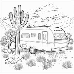a caravan surrounded by cactus trees