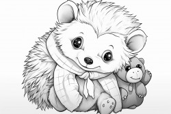 cute hedgehog playing with a stuffed dog