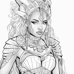 create an image of a woman warrior with african features putting on a breast plate detailed and decorative background