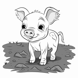 a piglet with planetshaped markings rooting in the mud
