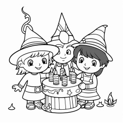 a little boy and a little girl are celebrating a birthday with a young witch