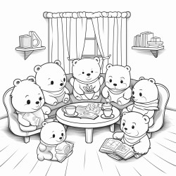 illustration a group of teddy bears sitting in a circle discussing their band plans with a teddy bear holding a notepad background a cozy living room with musical posters on the walls and a coffee table with snacks