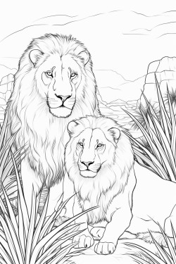bw coloring book page lions at the desert solid outer line solid white background