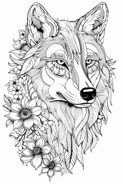 wolf zentangle art with flowers on the side