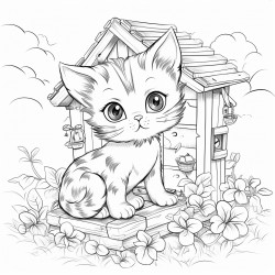 a cute kitten sitting outside her house