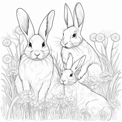 create a blackandwhite coloring page featuring rabbits in a peaceful meadow the rabbits should have bold clear outlines with varying poses from sitting to hopping include simple details like grass and flowers but keep the design uncluttered with large areas for easy coloring