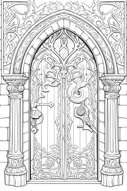 gothic style door with intricate patterns in the wood wrought iron bars and an eclectic door knocker