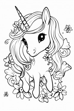 baby chibi unicorn with lots of flowers in a field