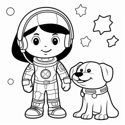 a simple almost clipart like of a kid astronaut and her dog in space