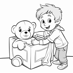 a toy box with a teddy bear peeking out and the kid is putting the toy back in that box