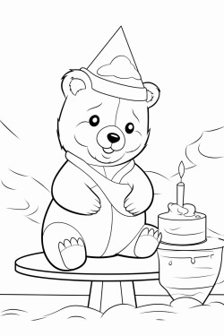 dibuja un oso sentado en una mesa con un enorme pastel rodeado de sus amigos como un zorro un bho y un pato que llevan gorros de fiesta