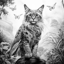 realistic large cat wellproportioned cat has wings the cat has no fur markings or stripes standing in a forest one paw raised slightly realistic detailed