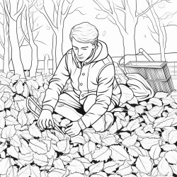 create a blackandwhite coloring page showing someone raking leaves into piles the leaves should have bold outlines and varied shapes with some in piles and others scattered around keep the rake and person simple yet clear with large spaces