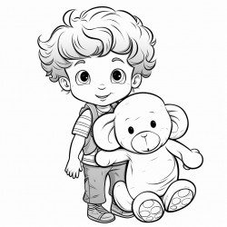 curly brown haired boy with his stuffed elephant