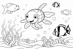 a baby sea turtle an octopus 5 fish and a shark on a coral reef