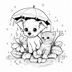 puppy and kitten playing in rain surrounded by plants and flowers and rain