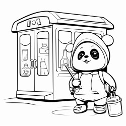 fork bottle fridge and large sausage panda with earrings waiting at a bus stop