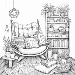 un coin lecture bohme avec un fauteuil en rotin suspendu coussins ethniques tapis marocains plantes