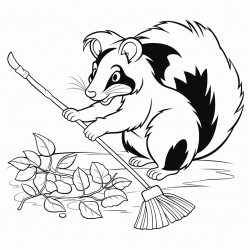 a skunk cleaning the leaves with a broom