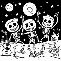 a group of smiling skeletons having a fun dance party under the stars
