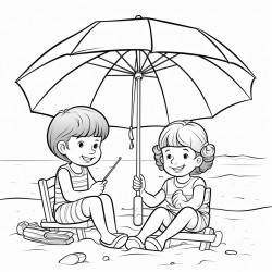 kids at the beach with their supplies by their chair under a umbrella