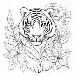 big tiger with tropical leaves or flowers