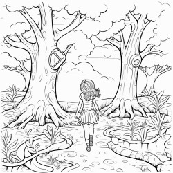 a young girl walking down a path surrounded by towering trees with whimsical twisted branches and oversized leaves