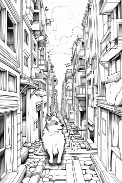 dog run between buildings bw white background