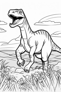 trex dinosaur standing up in a field bold lines no shading