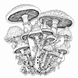 groovy and psychedelic mushrooms for adults to color intricate and detailed