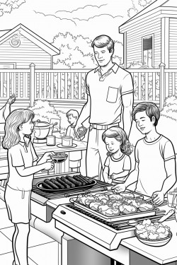 family bbqing in backyard with fourth of july decor all around