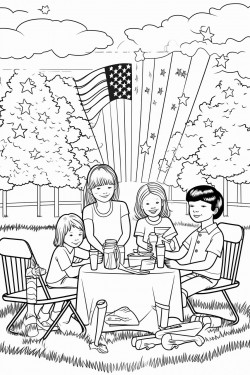 fourth of july scene with fireworks flags and picnic blankets and bbq and kids