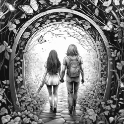 short heavyset young woman with long hair and tall slender younger teenage  brother with shoulder length hair walking through a tunnel of butterflies