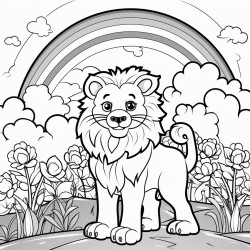 a lion in the forest with a rainbow
