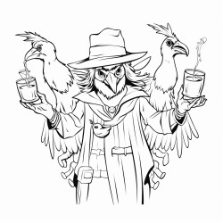 birds sitting on the arms of a scarecrow and drinking lemonade