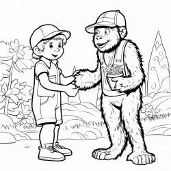 8 year old boy wearing overalls and a baseball cap in a garden handing a watermelon to a bigfoot