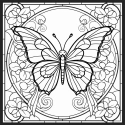 stained glass window featuring a butterfly