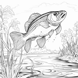 largemouth bass jumping from the water with lilly pads on the water and forest in the background