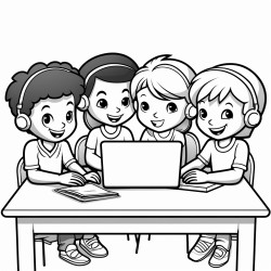 students in class sitting in a group using a laptop and writing on paper
