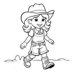 little girl wearing an overall dress with cowboy boots and hat playing outside