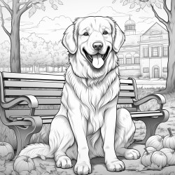 a smiling dog holding a piece of paper in the background a park with trees and a bench  autumn atmosphere
