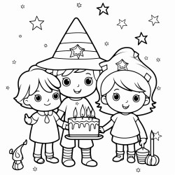 a little boy and a little girl are celebrating a birthday with a young witch