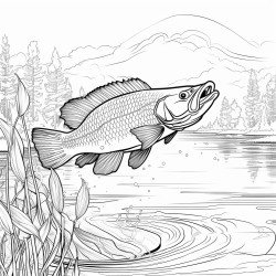 largemouth bass jumping from the water with lilly pads on the water and forest in the background