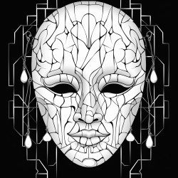 a cracked porcelain mask with intricate gothic patterns hanging on a wall in a dark chamber