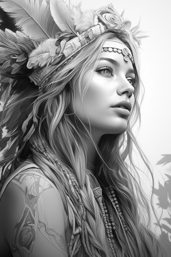 a beautiful boho woman in a zen environment side view