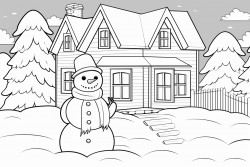 snowman outside of a warm farm house